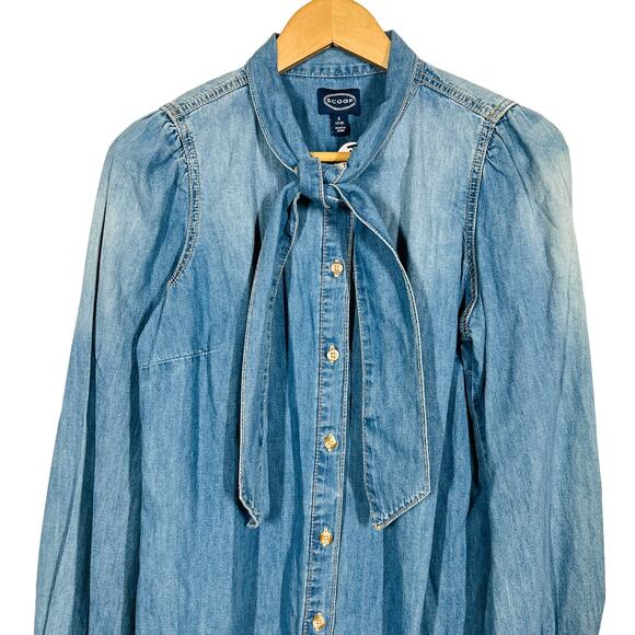 NEW! Scoop Chambray Blouse Tie Neck Long Sleeve Casual Blue - S - Picture 3 of 5